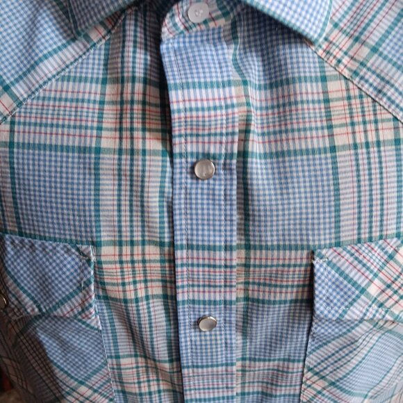 Vintage 1990s Plaid Western SHirt Mens Large BLue Summer Indy Snapper - Picture 2 of 6